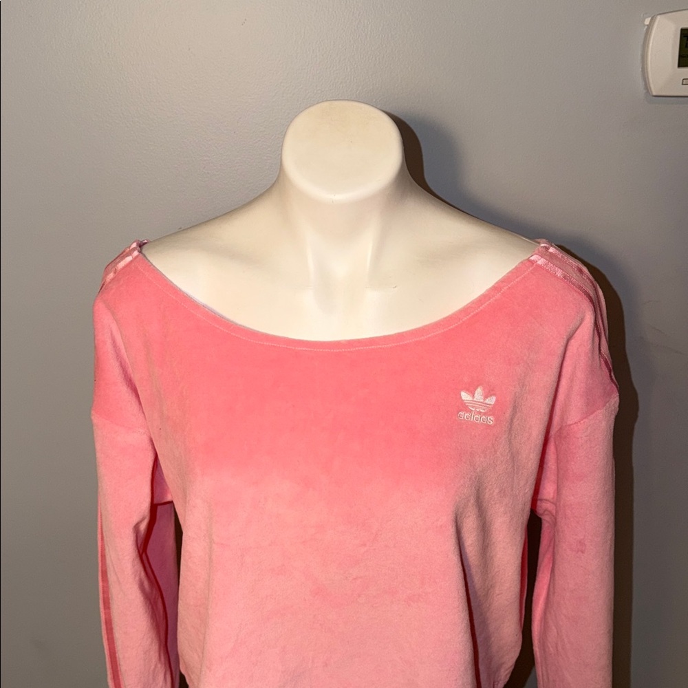adidas Ladies Relaxed Risqué velour off the shoulder sweatshirt-Vibrant pink - Picture 3 of 14